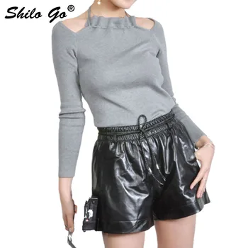 

Leather Shorts Womens Spring Fashion sheepskin genuine leather shorts tie stretch high waist Casual wide leg shorts