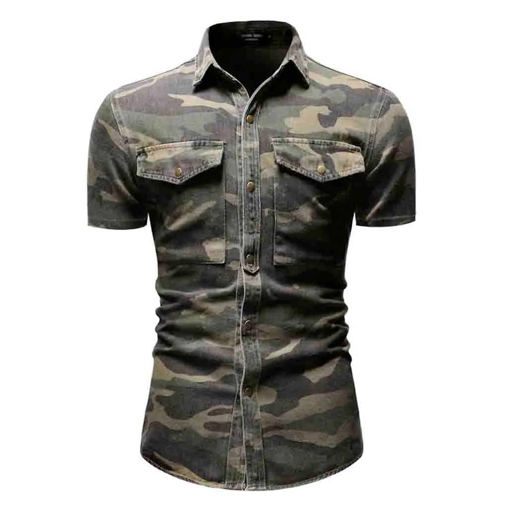 Модная рубашка homme, мужские рубашки, повседневная камуфляжная приталенная рубашка на пуговицах, с карманом, короткий рукав, топы, блузка camiseta