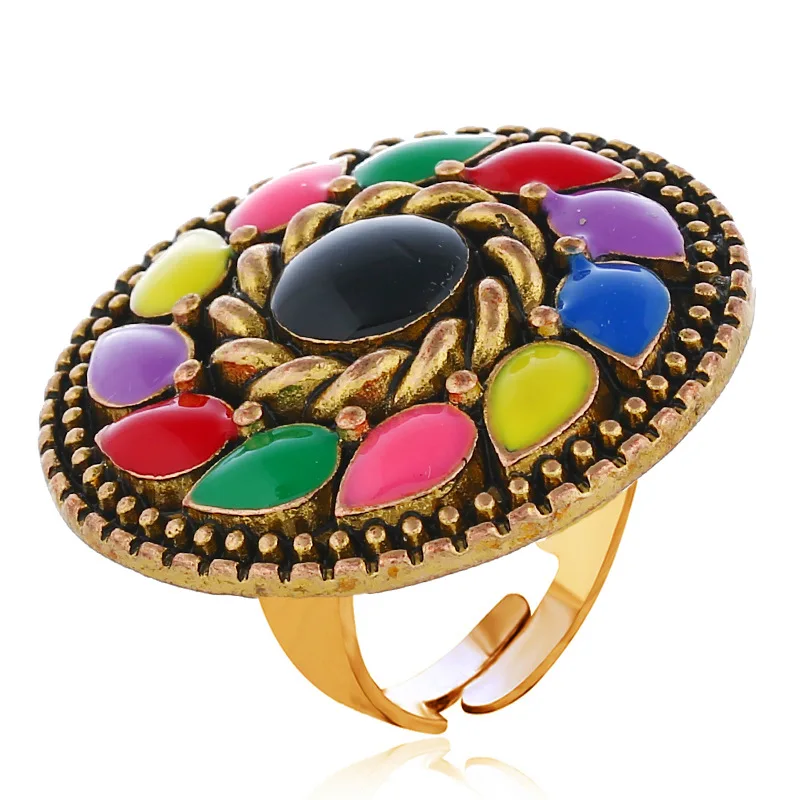 

Vintage Exaggerated Colorful Enameling Round Shaped Adjustable Rings for Women Men Retro Big Finger Ring Fashion Jewelry