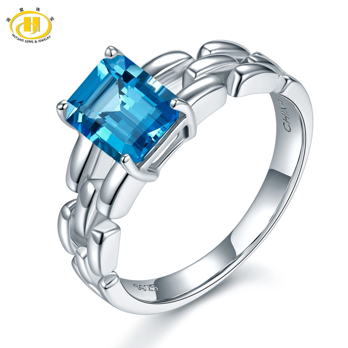 

Hutang 1.81ct Genuine Swiss Blue Topaz Ring Solid 925 Sterling Silver Gemstone Fine Jewelry Rings for Women Wedding Engagement