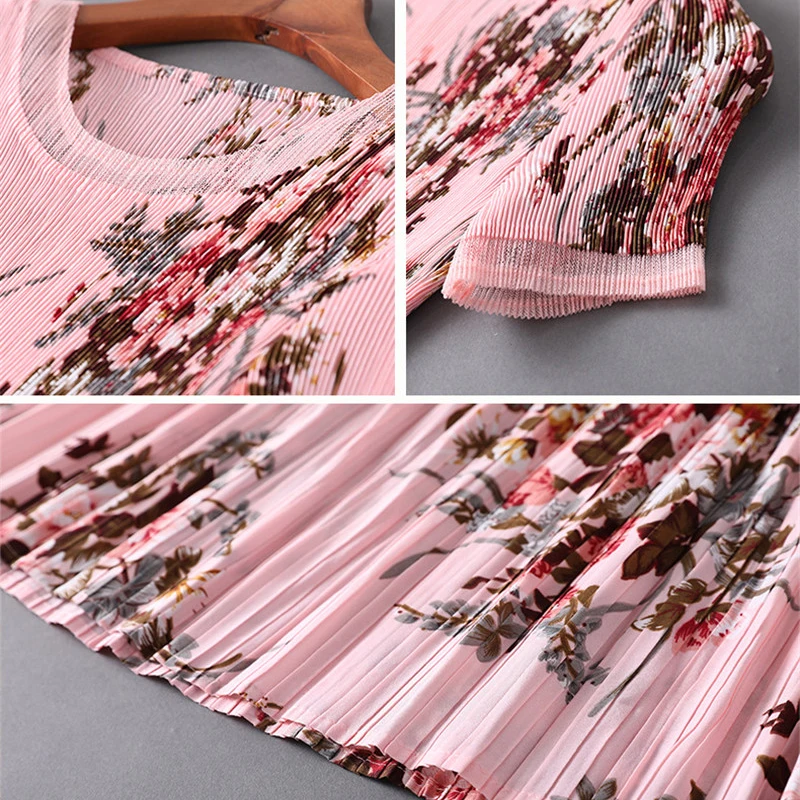 Элегантное летнее дизайнерское платье Женская мода vestidos de verano короткий рукав цветочный принт размера плюс розовые плиссированные платья