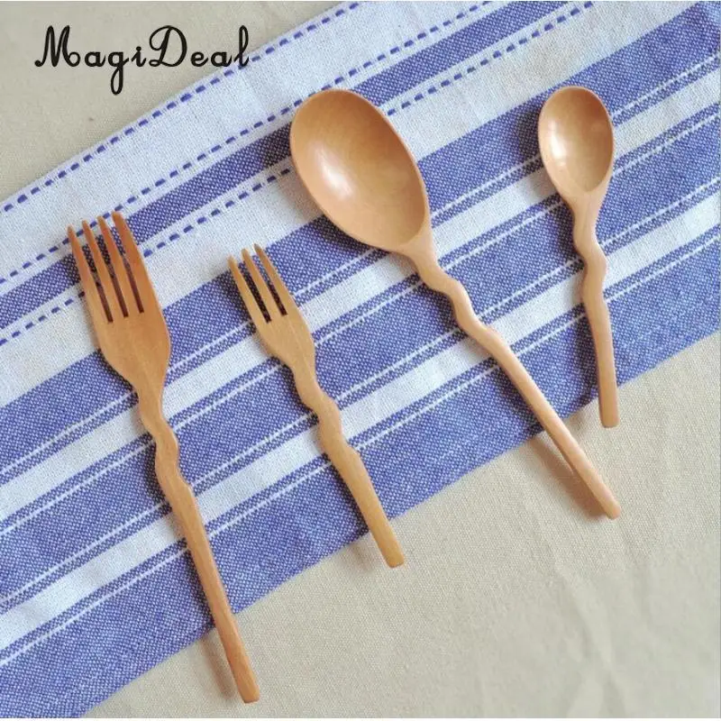 MagiDeal 3pcs Camping Portable Spoon Fork Bowl Set Wood Cereal Soup Container for Dinner Lunch
