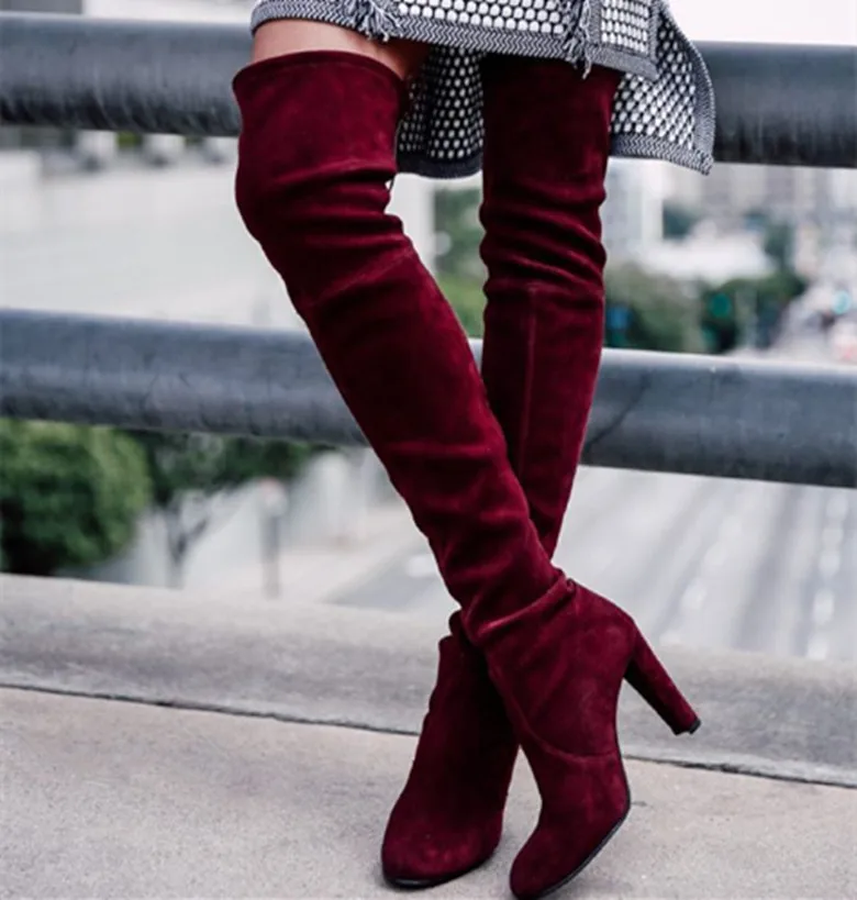 

Brand New Women Over-the-knee High heels Slip on Autumn Winter Shoes Chunky heel Round toe Genuine Leather Woman Sexy Boots