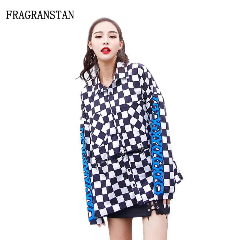 

Fashion Harajuku Letter flame Pattern Printed Lattice Hollow Out Metal Shirt Women Spring Autumn Loose Street Style Blouse JQ255