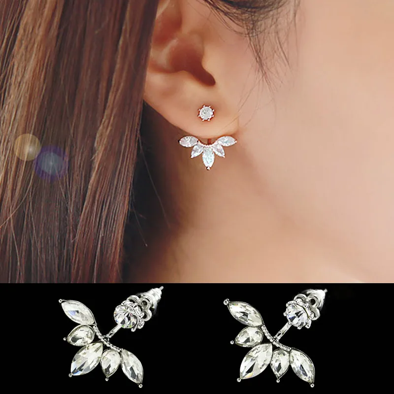 

Leaf Crystals Stud Earring for Women Silver color Double Sided Fashion Jewelry Earrings female Ear Jacket brincos Pending Mujer