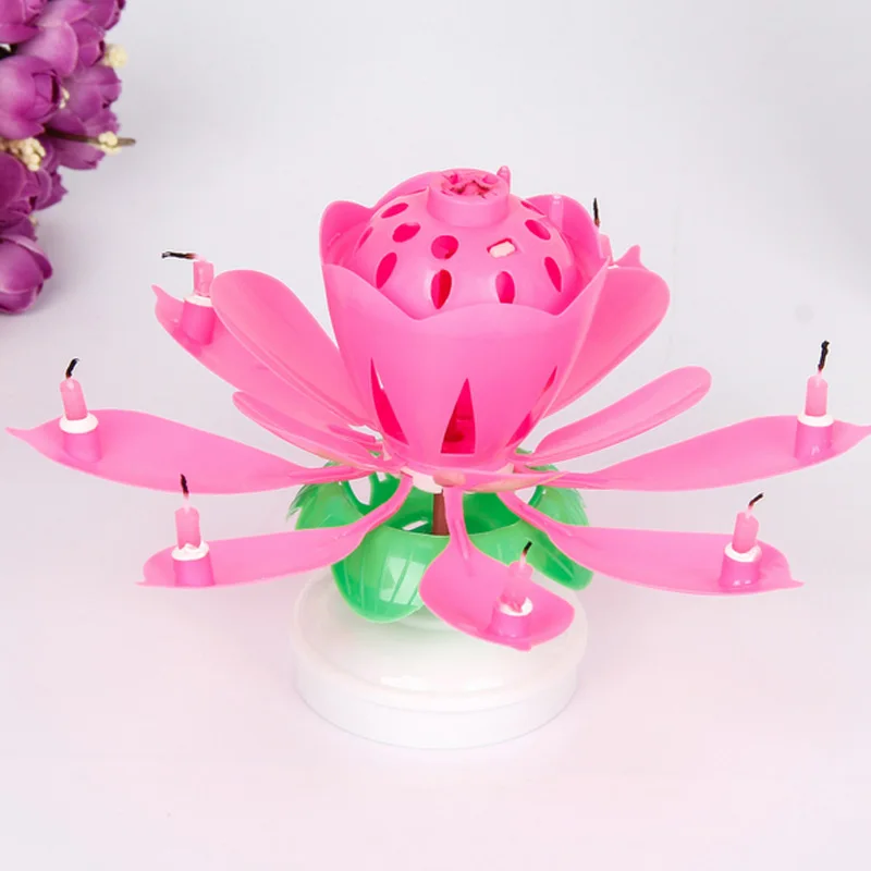 Innovative Cake Musical Candle Lotus Flower Rotating Happy Birthdays Candle Party DIY Cake Decoration 14 Candles For Kids LC