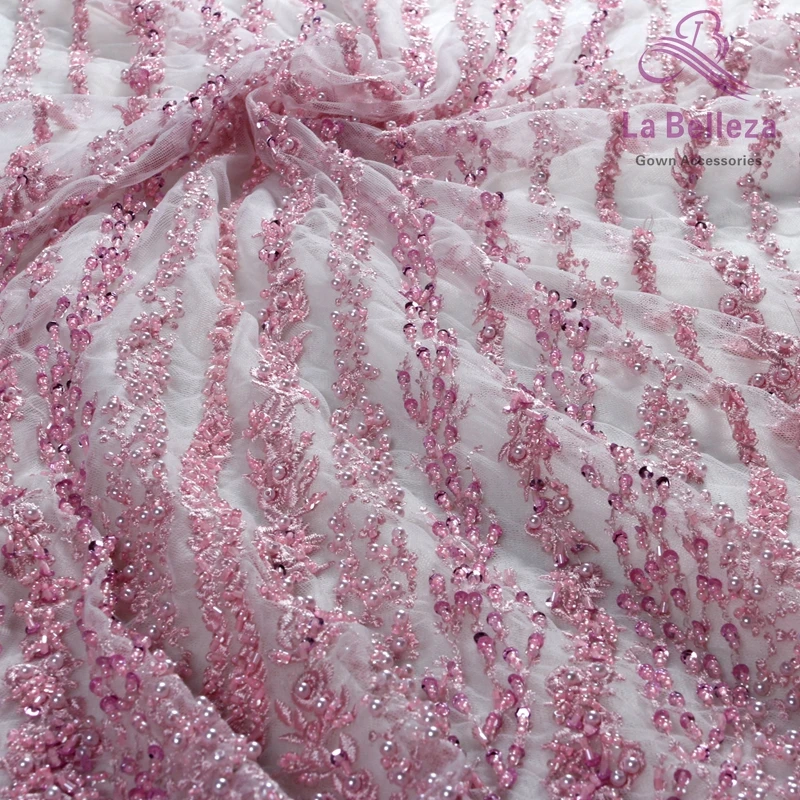 La Belleza 1 ярд розовый/слоновая кость/бежевый/телесный цвета супер тяжелый ручной работы бисером свадебный кружевной ткани
