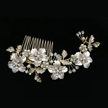 Gorgeous Golden Flower Leaf Rhinestones Pearls Wedding Hair Comb Bridal Headpieces 2