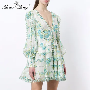 

MIAOQING Printed A-Line Dresses Women Long Sleeve V Neck Sexy Mini Dress Female Fashion Elegant Clothes 2018 Summer Autumn