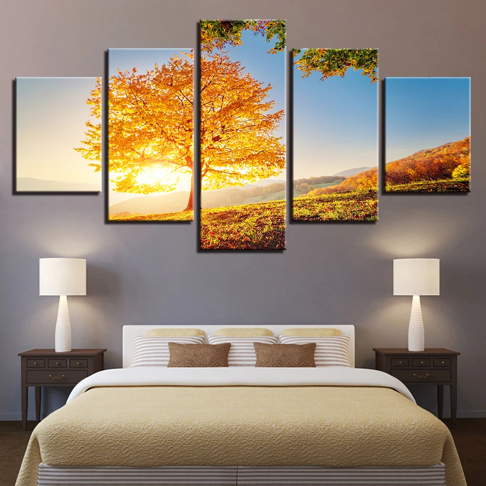 Canvas Painting Wall Art Home Decor Framework 5 Pieces Golden Tree For