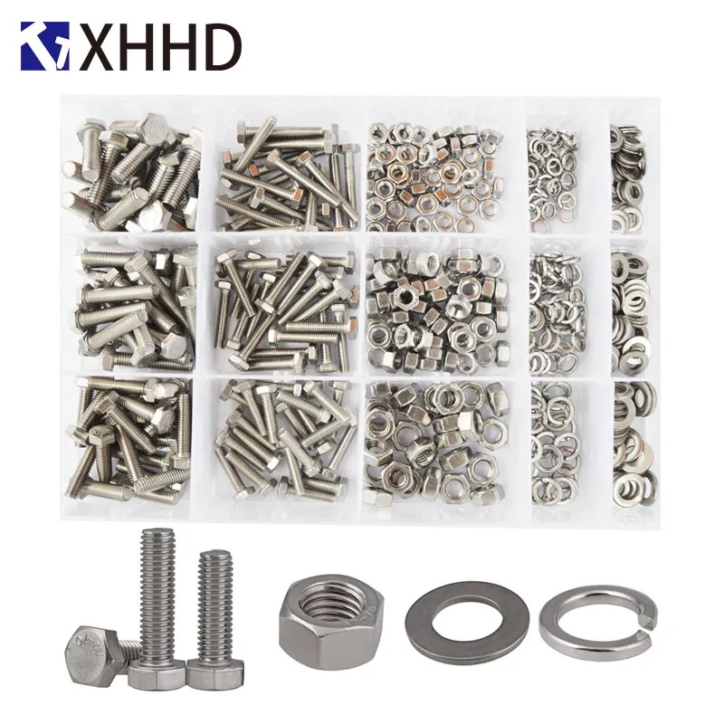 

DIN933 External Hex Flat Head Screws Metric Thread Hexagon Bolts Nut Flat Washer 304 Stainless Steel Set Assortment Kit M4 M5 M6