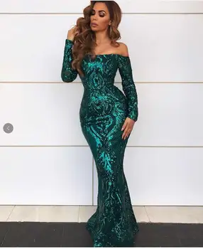 

Sequined Long Sleeve Dress Celebrity Vintage Sexy Off The Shoulder Night Club Evening Party Women Long Dresses