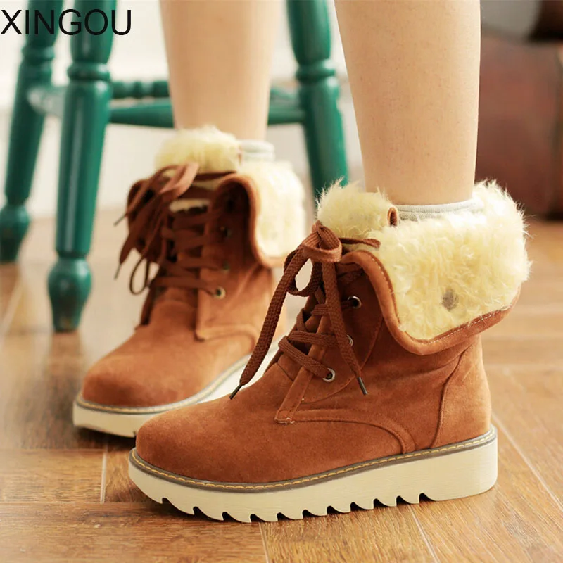

New women boots slip tendon soled ugs winter women female round toe flat plush winter boots cross lace boots women