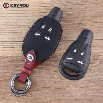 

KEYYOU 4 Button Key Fob Shell Case For SAAB 9-3 93 2003-2009 Leather Key Cover Keychain Car Key Bag Case Car Styling