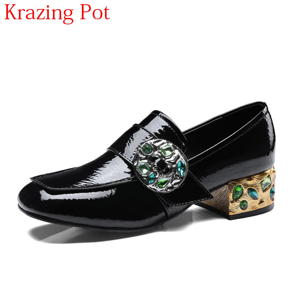 

2018 New Arrival Genuine Leather Crystal Brand Spring Shoes Slip on Med Heel Women Pumps Diamond Handmade Sweet Retro Shoes L08