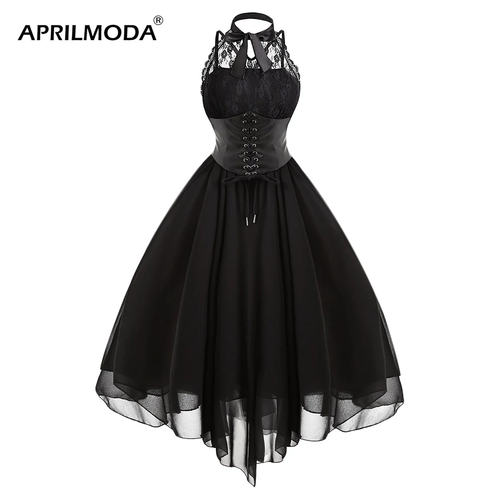 

steampunk Victoria Dress Gothic Party Women Vestidos Vintage Black Sleeveless Cross Back Lace Panel Corset Swing Dress Vestidos