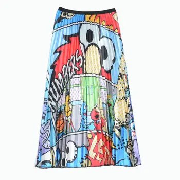 

2020 Harajuku Cartoon Print Women Summer Skirt High Waist Casual Women Long Skirt Saias Femme A-Line Pleated Skirt Streetwear
