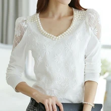 Blusas S XXXL new arrival women Bright Bead V-neck lace Floral blouse shirts woman Autumn long sleeve top blouses Ladies tops