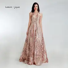 Lemon joyce Formal Gold Evening Dresses Long Sexy V-neck Backless Sequined A-line Prom Party Gowns Plus Size