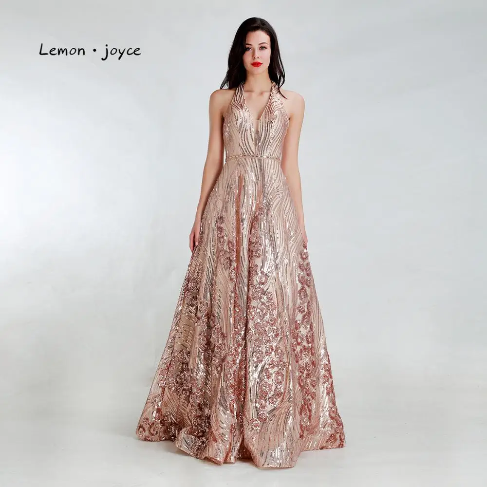 

Lemon joyce Formal Gold Evening Dresses Long 2019 Sexy V-neck Backless Sequined A-line Prom Party Gowns Plus Size
