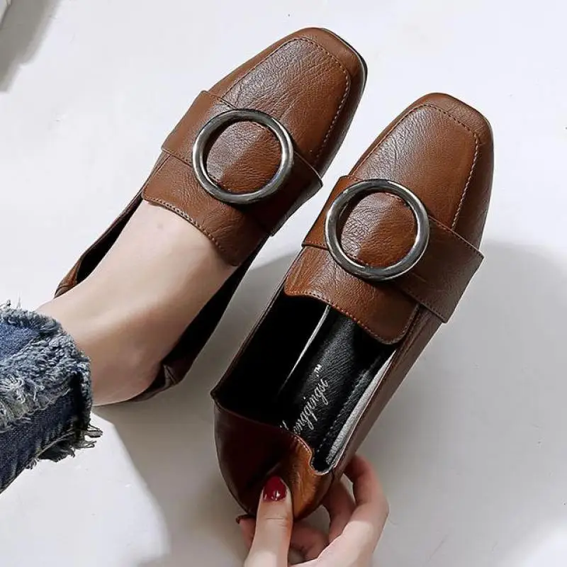 

35~43 Moccasins Women Plus Size Flats Square Toe Leather Single Shoes Ladies Slip On Loafers Ladies Slip On Shallow Comfort Shoe