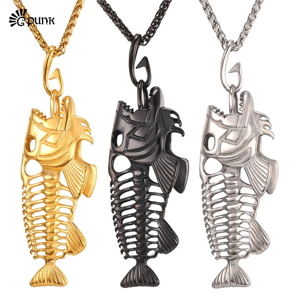 

fish bone necklace 316L stainless steel mens jewelry 2017 design vintage hollow white black gold color collar P2457G