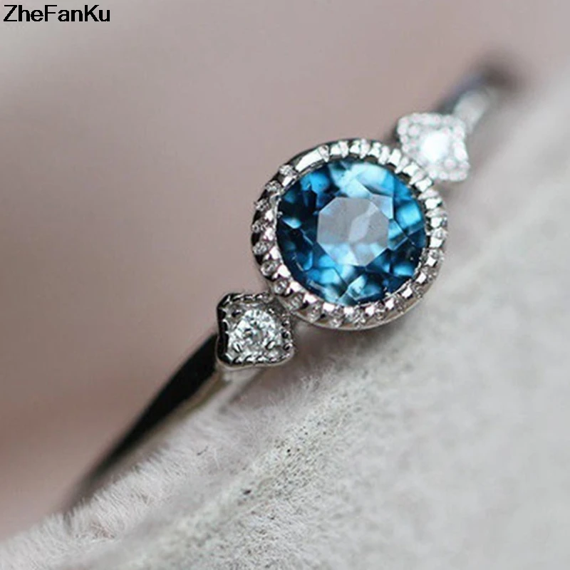 

Simple Silver CZ Wedding Engagement Small Sky Blue Zircon Rings For Women Thin Finger Ring Fashion Jewelry