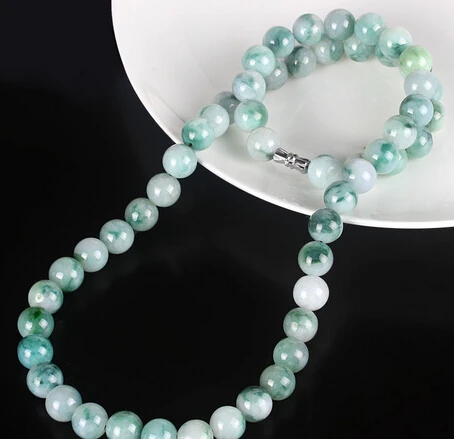 

Jew2824 CERTIFIED GRADE A Spotted Green Jade Jadeite 10mm Beads Necklace