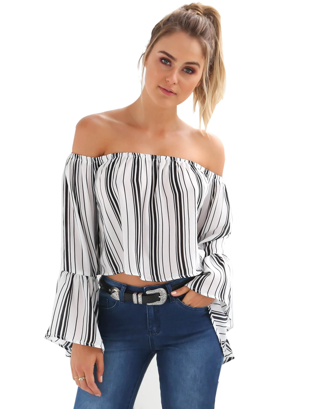 Choker Off Shoulder Full Sleeve Blouse Striped Print Trumpet Sleeve