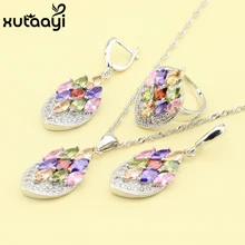 Elegante 925 de Plata de Tres Piezas de Joyería, perfecto Multicolor Piedras de Cristal Blanco, collar Pendiente de la Pulsera Colgante Anillo