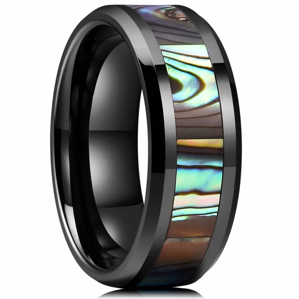 

Customize Wholesale Black Tungsten Carbide Rings with Abalone Shell Inlay Polished Beveled Edges Mens Wedding Band