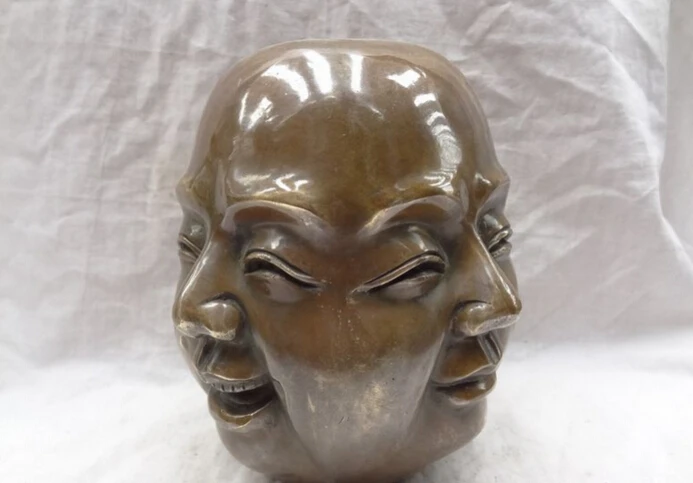 

S2619 8" China Bronze 4 Face Emotions Feelings Happy Laugh Maitreya Buddha Head Statue D0318