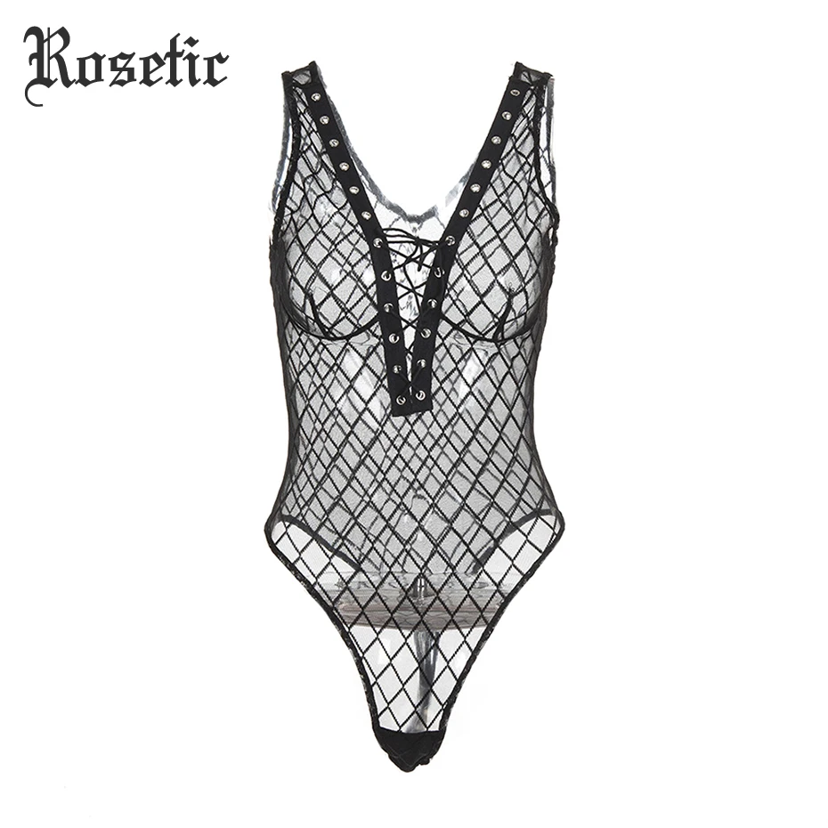 Rosetic Gothic Black Bodysuits Deep V-Neck Hollow Mesh See-Through Patchwork Lace-Up Fishnet Shorts Skinny Sexy Women Rompers