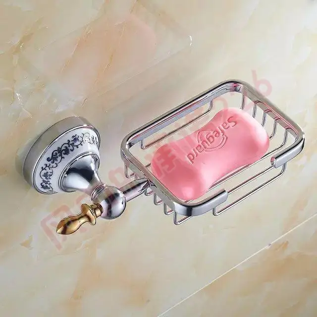 Античный хромированный набор аксессуаров для ванной комнаты металлический кронштейн из цинкового сплава Керамическое Основание Стеклянная Двойная зубная чашка Съемная Вешалка Для Полотенец - Цвет: soap net