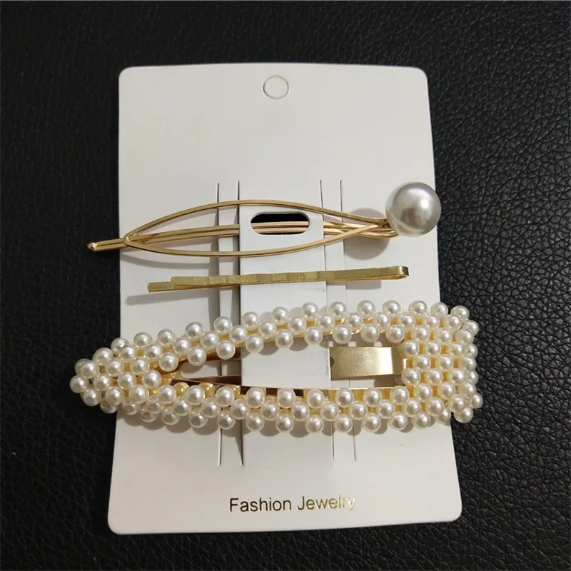 

3Pcs/Set Korean Style Women Girls Metal Alloy Geometric BB Hair Clips Luxury Multi Rows Irregular Faux Pearls Decor Hairpins
