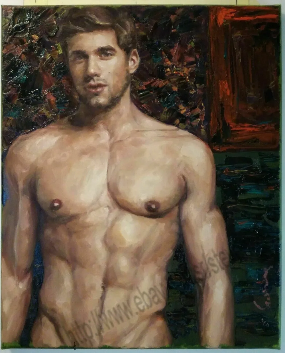 

100% Handpainted man portrait oil painting male nude muscle gay interest shipping free