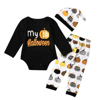 

Newborn Infant Baby Girl Boy Pumpkin Romper Top+Pants+Hat Halloween Outfits Set L9012