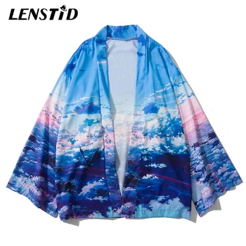 

LENSTID Sea Of Clouds Print Japanese Kimono Jackets Men Summer Harajuku Cardigan Long Sleeve Hip Hop Casual Shirts Jacket Coats