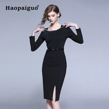 Plus Size Sheath Bodycon Dress Spring Autumn O-neck Long Sleeve Split Wrap Bandage Dress Women Vestido Midi Black Women Dresses split sleeve plus size wrap top