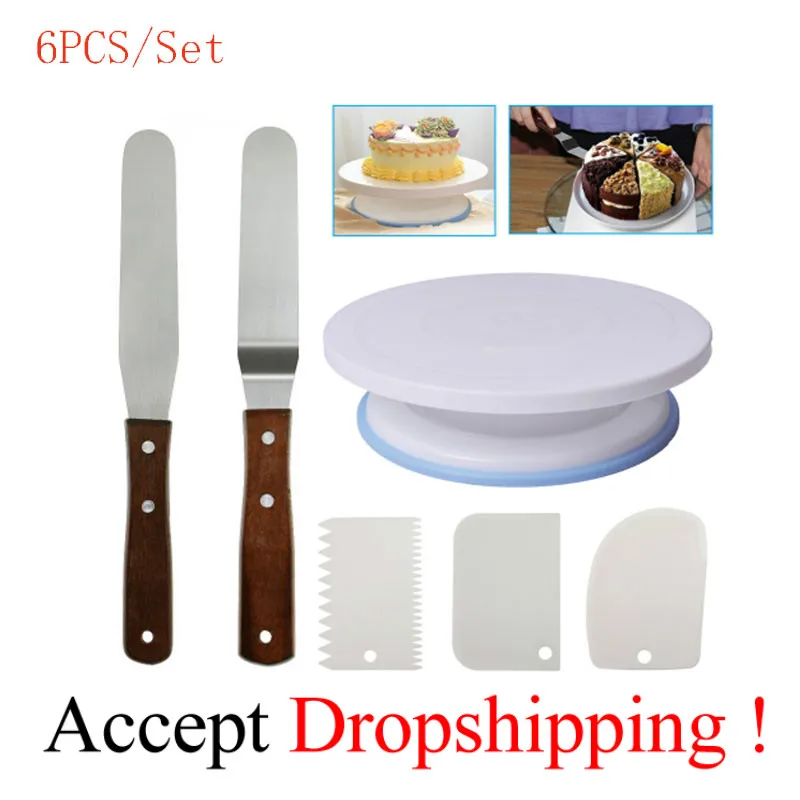 

6PCs/Set Cake Turntable Rotating Plastic Dough Knife Decorating Cakes Stand Cake Rotary Table Baking DIY Cake Tool