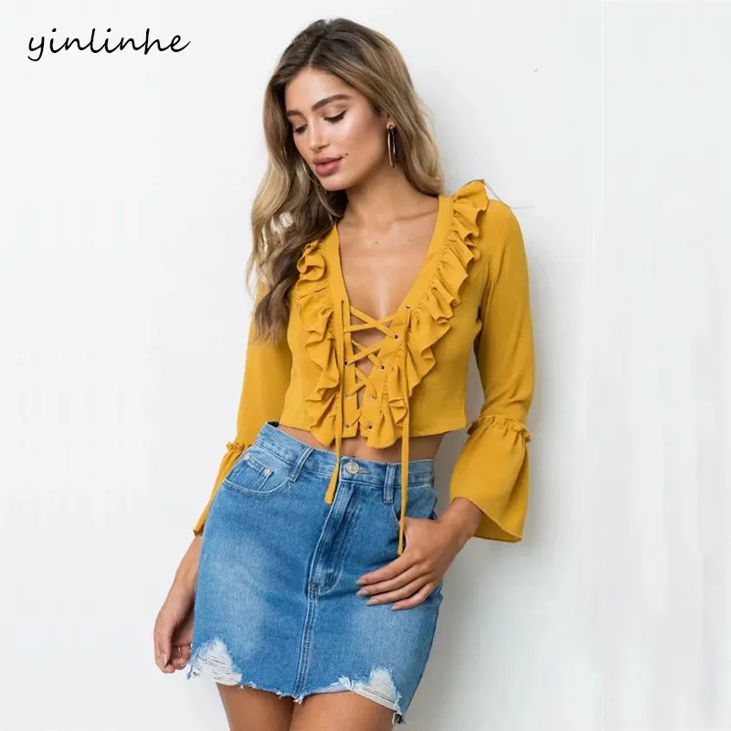 

yinlinhe Yellow Lace Up Blouse Women Long Sleeve V neck Sexy Summer Crop Tops Shirts Hollow Out Elegant solid Clothing 338