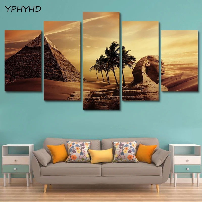 YPHYHD HD Print 5 Piece Canvas Art Egyptian Pyramids Painting Sunset Desert Wall Pictures for Living Room Home Decoration Frame | Дом и сад
