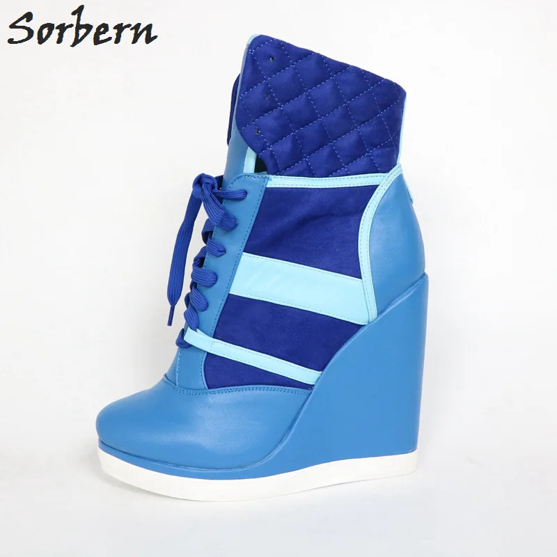 Sorbern/синие женские кроссовки на высоком каблуке; Ботильоны на танкетке со шнуровкой; разноцветные кроссовки с круглым носком; ботинки на скрытой танкетке;
