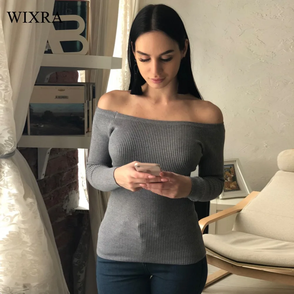 Wixra الدافئة و سحر معطلة الكتف محبوك سترة النساء الخريف أنيقة البلوز سحب Femel الشتاء عالية تمتد تريكو الأعلى