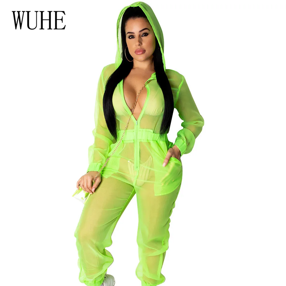 

WUHE High Quality Sexy Hooded Loose Organza Jumpsuits Elegant Long Sleeve See Through Autumn Playsuits Women Elegant Overalls