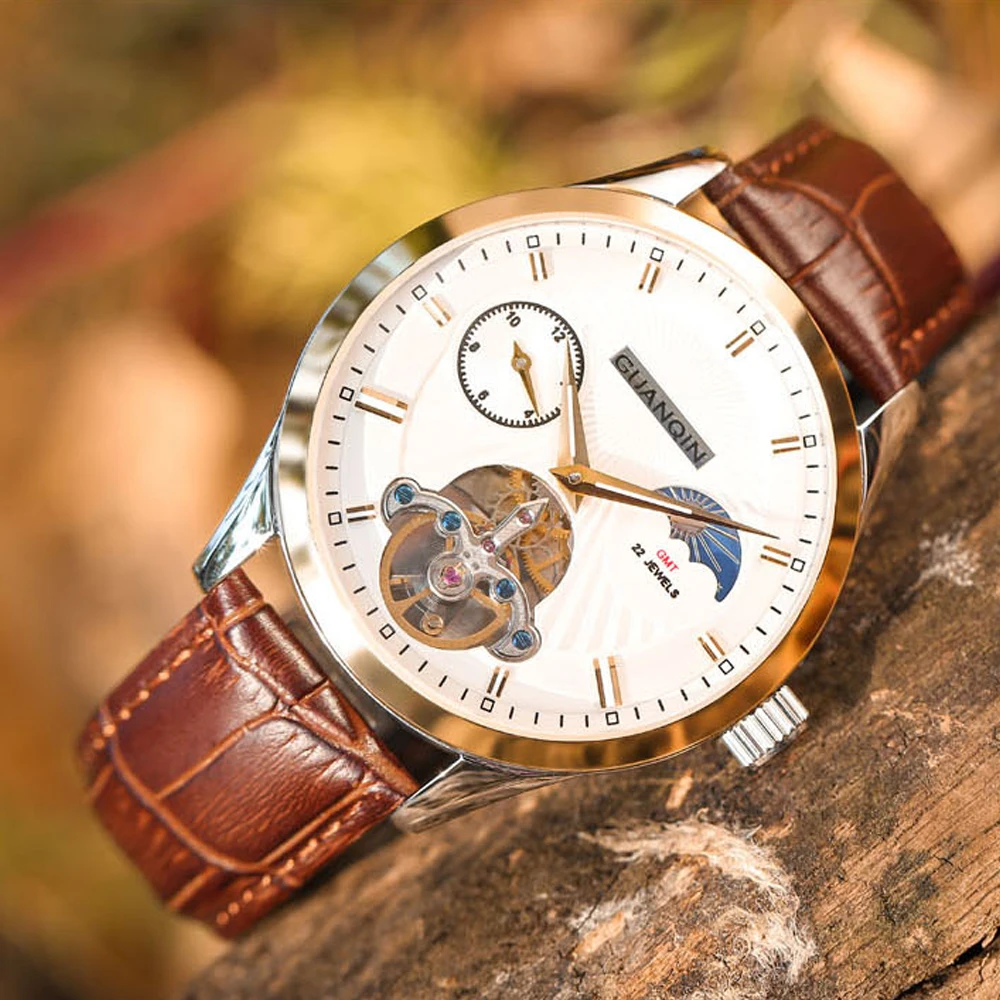 

GUANQIN Brand Mechanical Automatic Original Business Watch Leather Tourbillon Moon Phase Mens Wristwatch With Box dropshipping