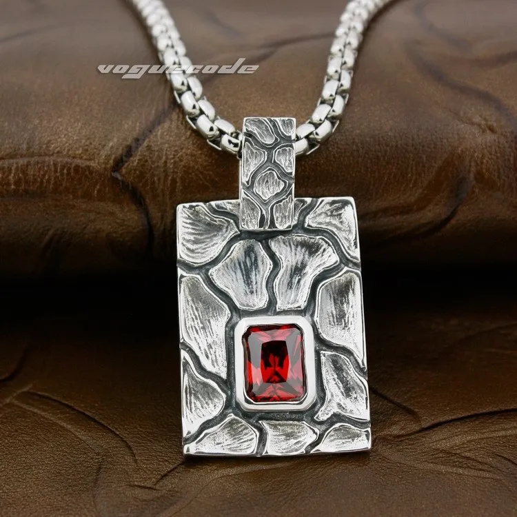 

925 Sterling Silver Square Stripe Red CZ Mens Biker Pendant 8X006(Necklace 24inch)
