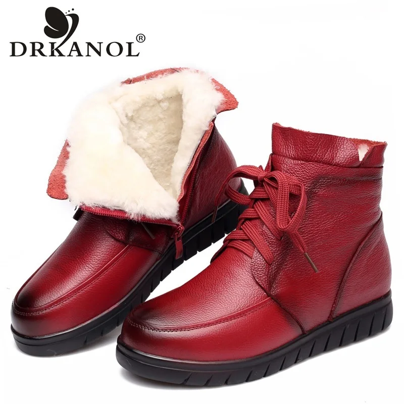 DRKANOL/; женские зимние ботинки; Винтажные ботинки из натуральной кожи и натуральной шерсти; зимние теплые женские ботильоны на меху; обувь для мам на плоской подошве; H7075