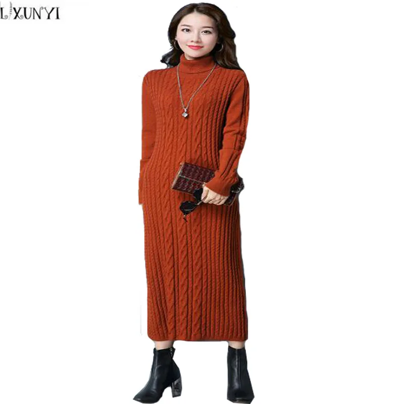 

LXUNYI Autumn Knitted Bottoming Dress Korean Fashion Slim Long Sleeve Turtleneck Sweater Dress Women Lady Long Sweaters Winter
