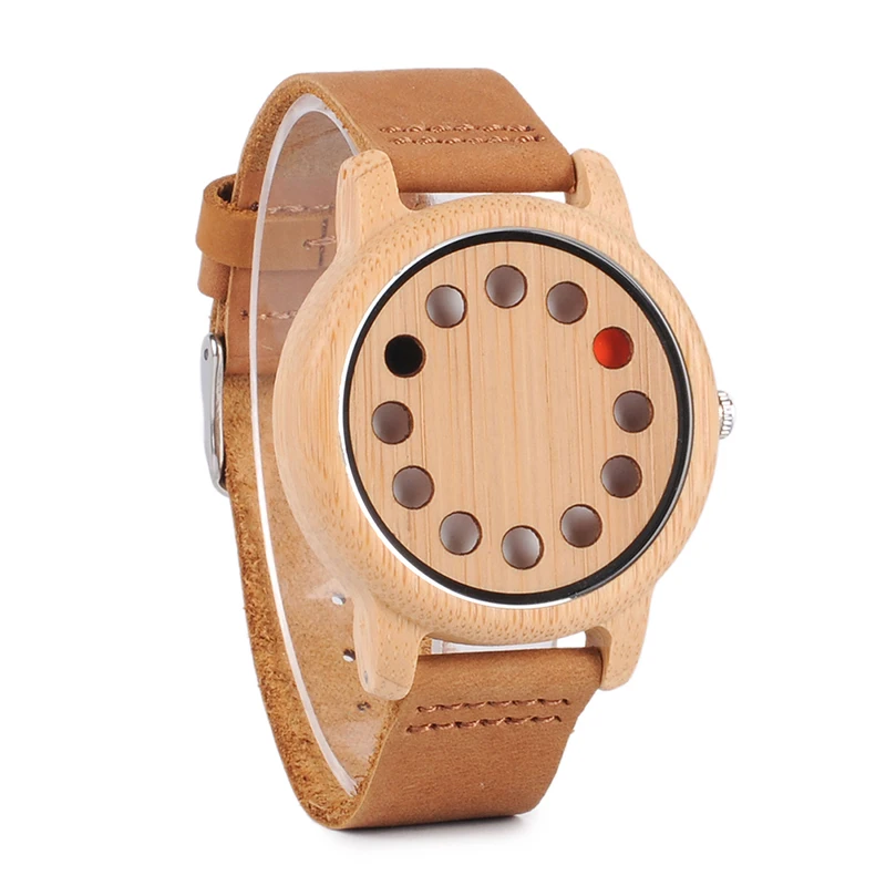 BOBO BIRD 12 Holes Design Bamboo Wooden Watch Mens Quartz Analog Watches erkek kol saati with Leather Band as Gift